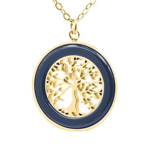 Collier Fashion Steel Acier Doré Arbre de Vie et Céramique Bleue